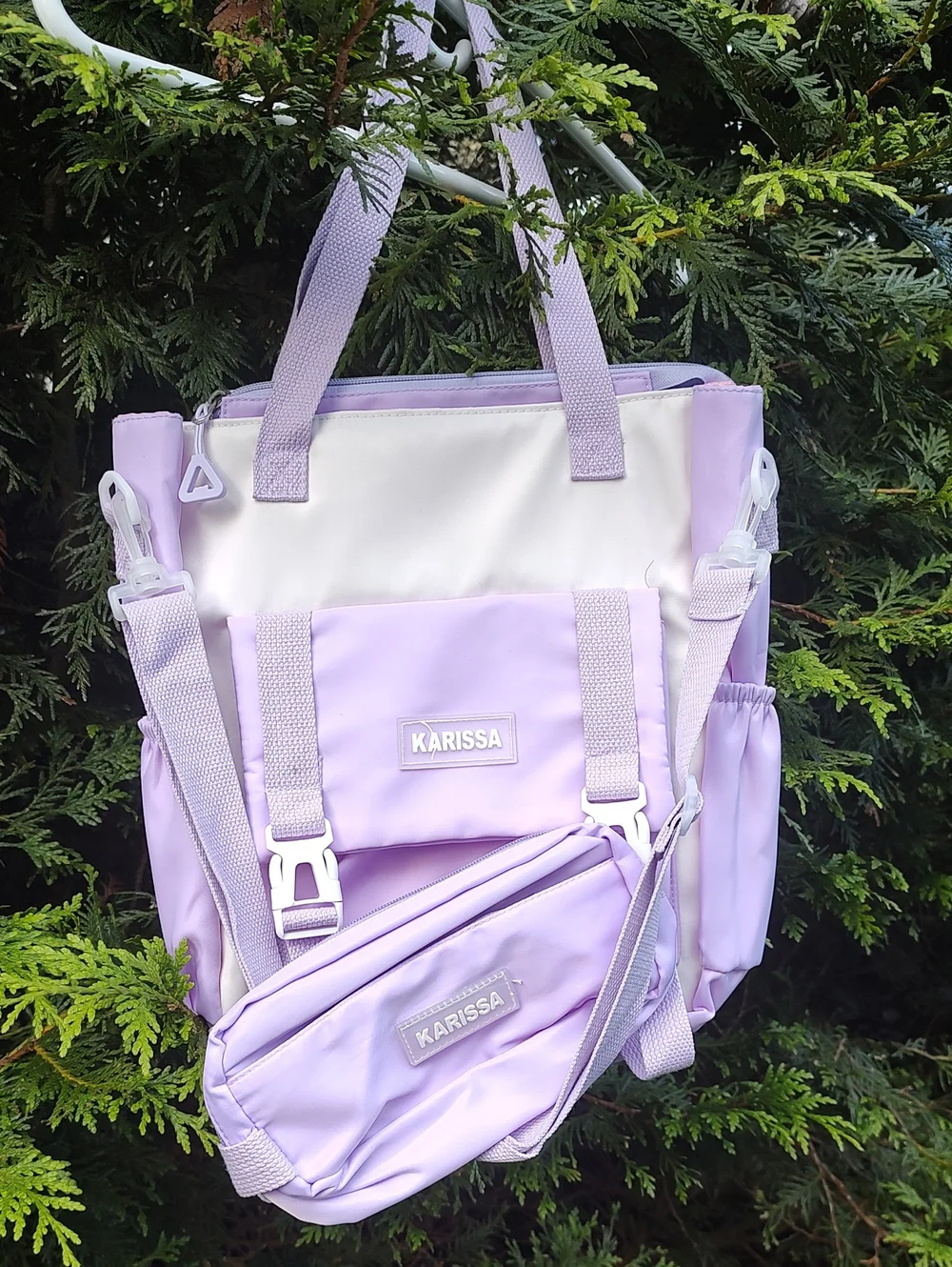 Karissa Lilac & Cream Tote Backpack with Detachable Pouch
